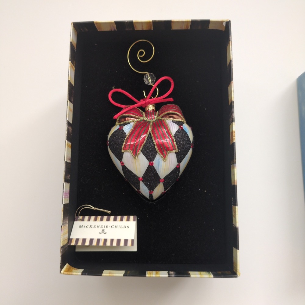 MacKenzie-Childs Heart Ornament Black White Harlequin Check Red Bow Glass Poland